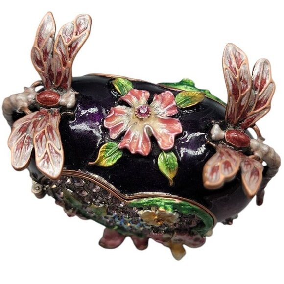 Heart Trinket Box Purple Enamel Pave Rhinestone Acccent Flowers Dragonflies - Picture 7 of 16